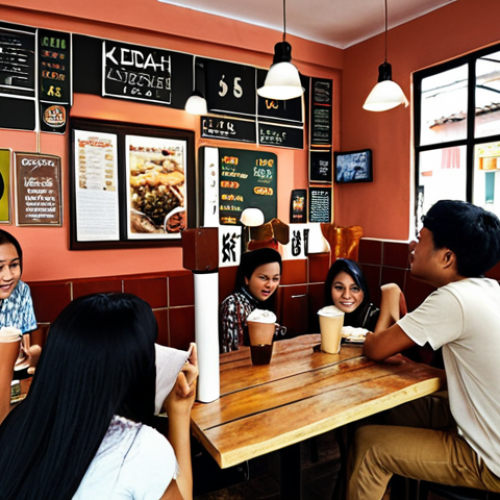 Home 19 **Image Prompt:** A bustling Malaysian cafe, "Kedai Kopi Aisyah," filled with university students studying and chatting. Aisyah, the persona customer, is studying with friends, surrounded by comfortable seating, free Wi-Fi signs, and affordable drinks. The atmosphere is cozy and inviting, showcasing a popular student hangout.