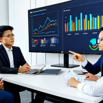 A diverse group of Malaysian business professionals in modest business suits and appropriate attire, engaged in a collaborative discussion around a large digital screen displaying market research data visualizations in a bright, modern office space. One professional is pointing at a chart while others are actively listening and taking notes, demonstrating deep empathy and understanding. The atmosphere is thoughtful and collaborative. Perfect anatomy, correct proportions, natural pose, well-formed hands, proper finger count, natural body proportions, professional photography, high quality, safe for work, appropriate content, fully clothed, family-friendly.