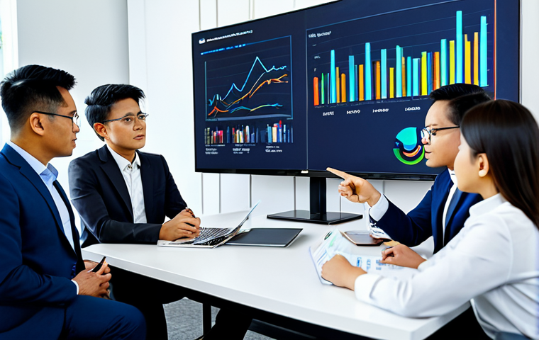 A diverse group of Malaysian business professionals in modest business suits and appropriate attire, engaged in a collaborative discussion around a large digital screen displaying market research data visualizations in a bright, modern office space. One professional is pointing at a chart while others are actively listening and taking notes, demonstrating deep empathy and understanding. The atmosphere is thoughtful and collaborative. Perfect anatomy, correct proportions, natural pose, well-formed hands, proper finger count, natural body proportions, professional photography, high quality, safe for work, appropriate content, fully clothed, family-friendly.