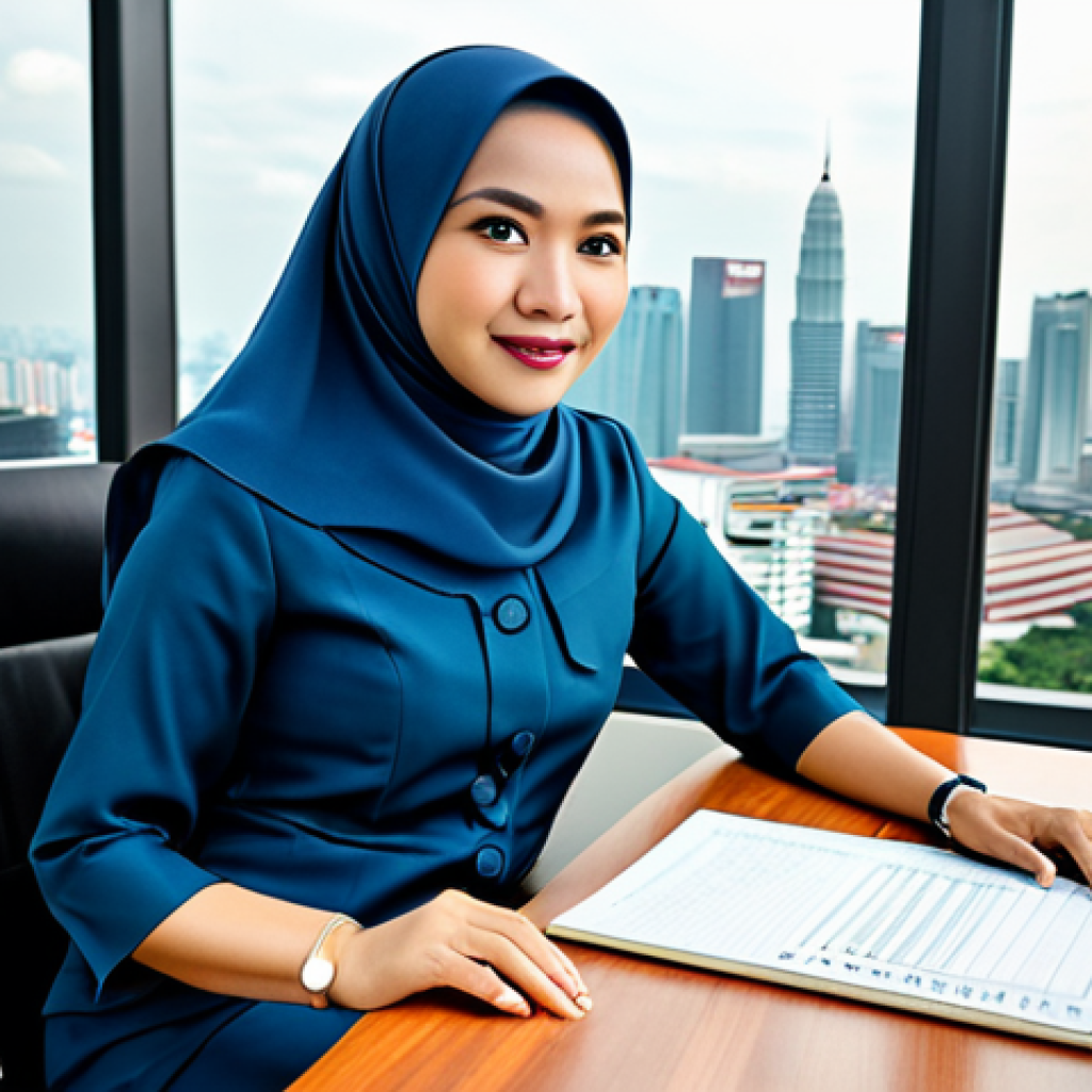 **

A professional Malaysian businesswoman in a modest baju kurung, sitting at a desk in a modern office overlooking the Kuala Lumpur skyline, fully clothed, appropriate attire, safe for work, perfect anatomy, natural proportions, professional photography, high quality, family-friendly.

**